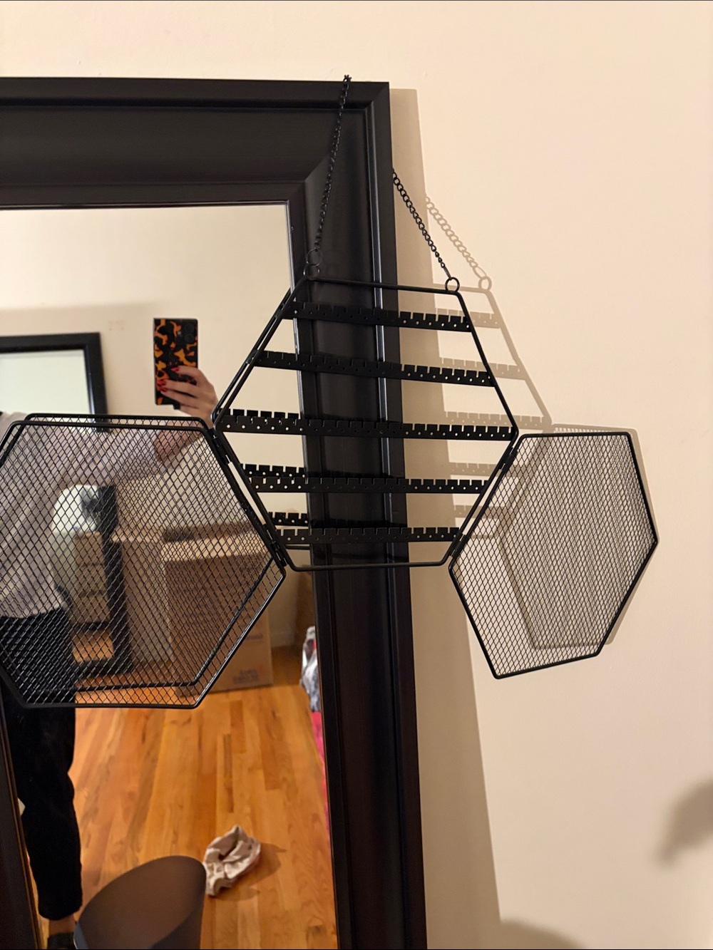 Black Hanging Hexagon Wall Jewelry Organizer - Metal Hanging Earring Holder